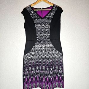 Women's Cap Sleeve Knee Length Dress Sheath bkack white purple Sz 10